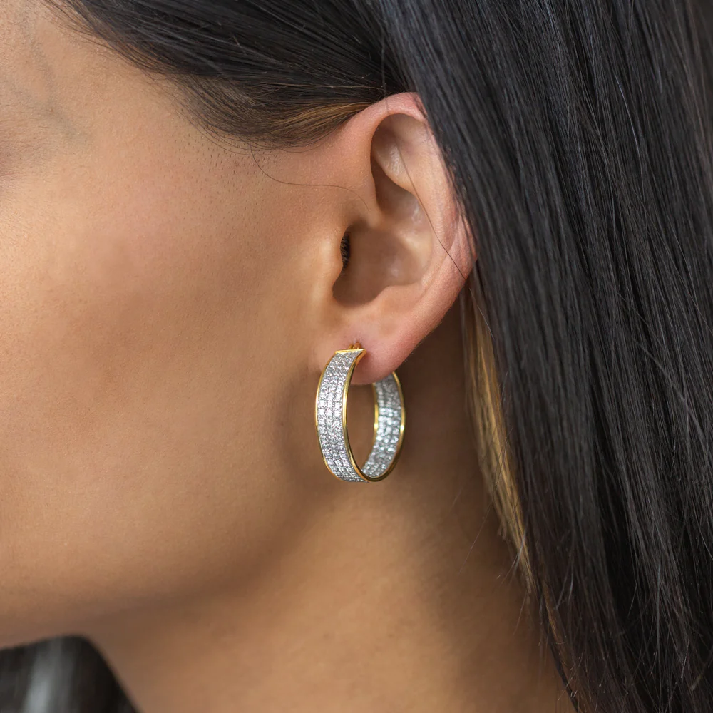 Sterling Silver Gold Plated 3 Row 7mmx25mm Stardust Hoops - Image 2
