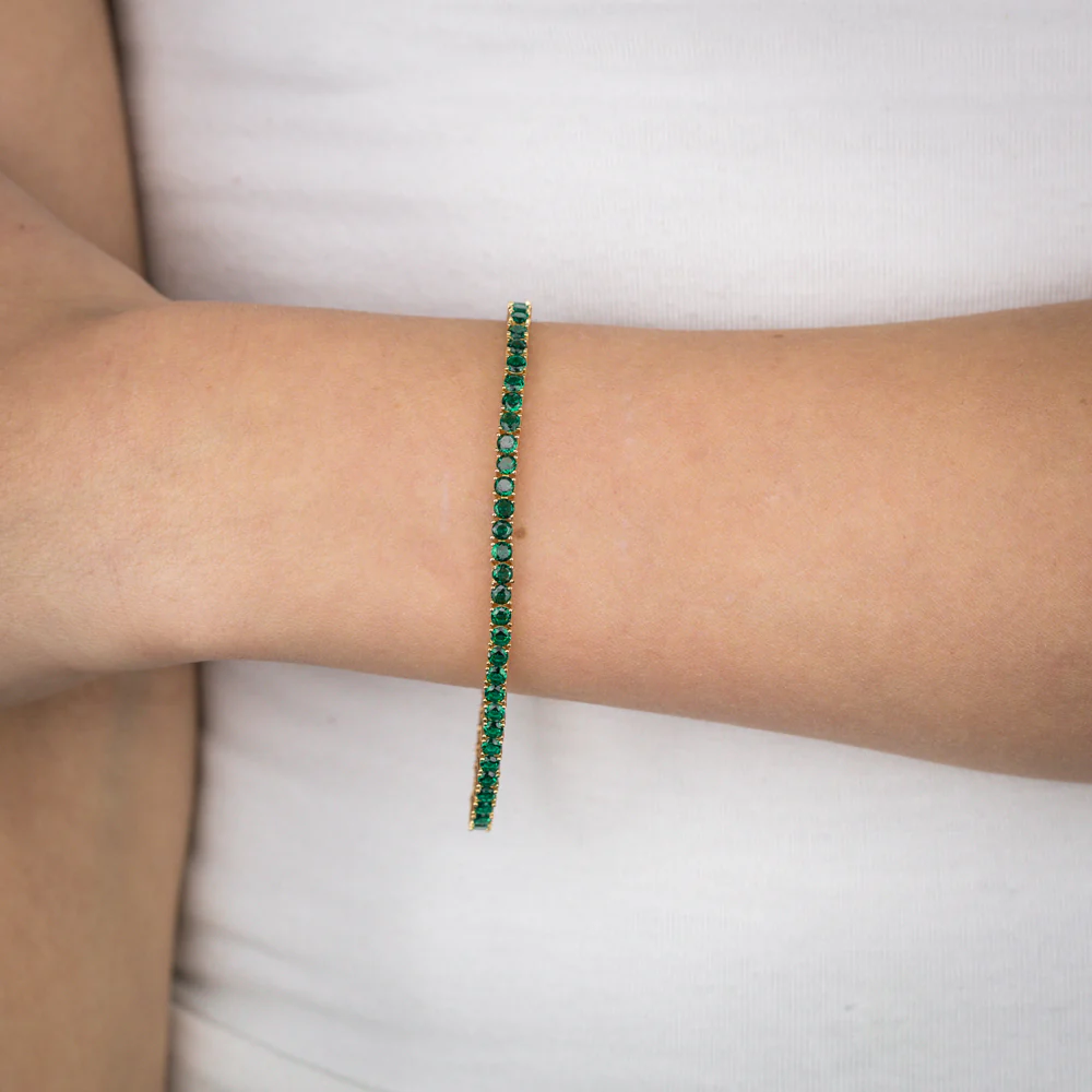 Sterling Silver Gold Plated 3mm Emerald Green Color Cubic Zirconia 19cm Bracelet - Image 4