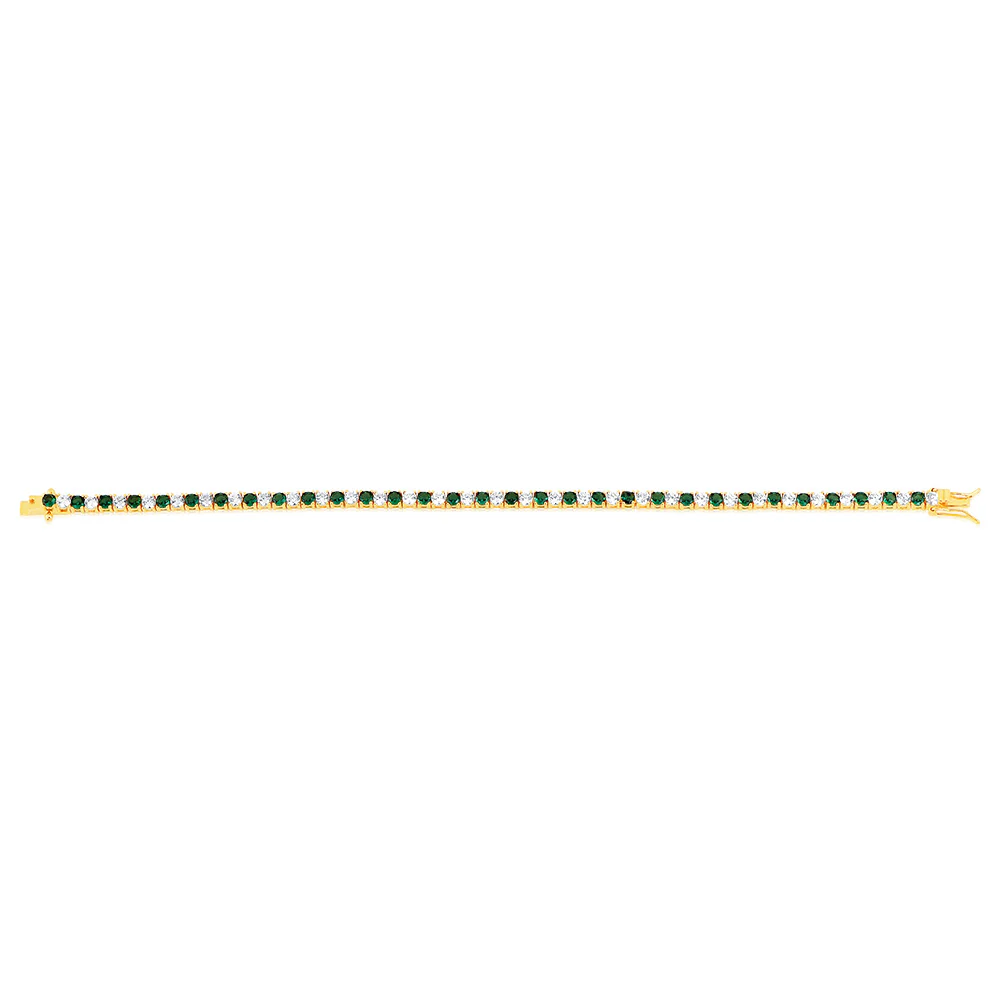 Sterling Silver Gold Plated 3mm White And Emerald Green Cubic Zirconia 19cm Bracelet - Image 2