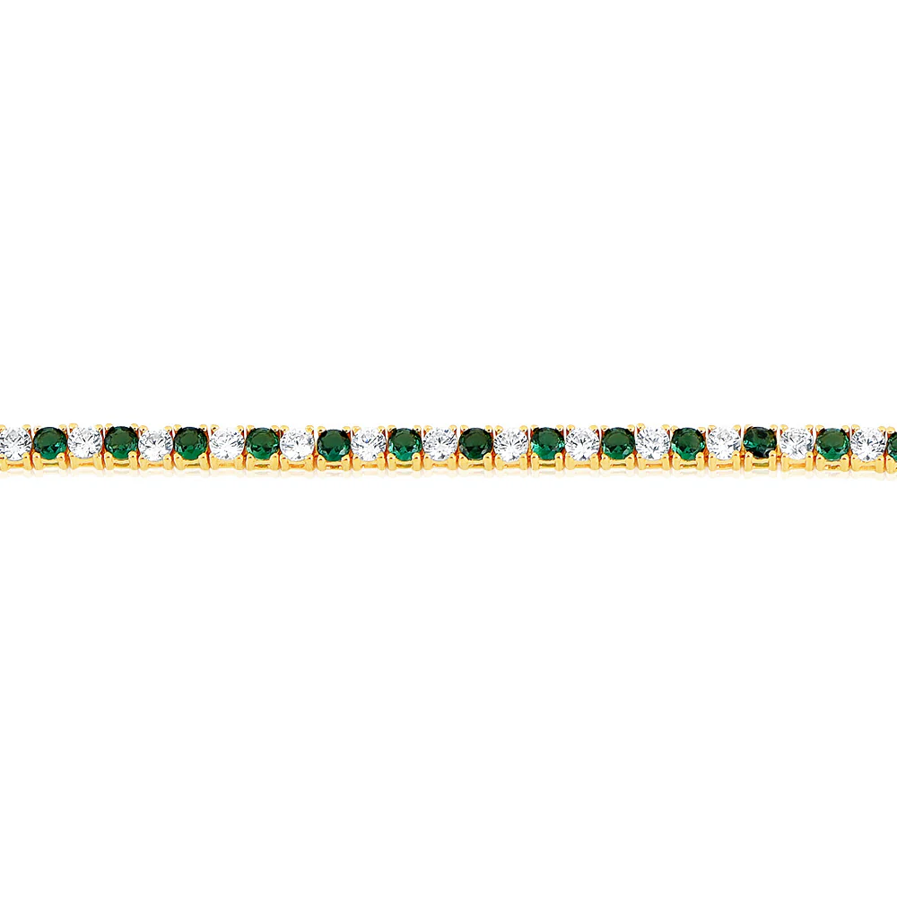 Sterling Silver Gold Plated 3mm White And Emerald Green Cubic Zirconia 19cm Bracelet - Image 3