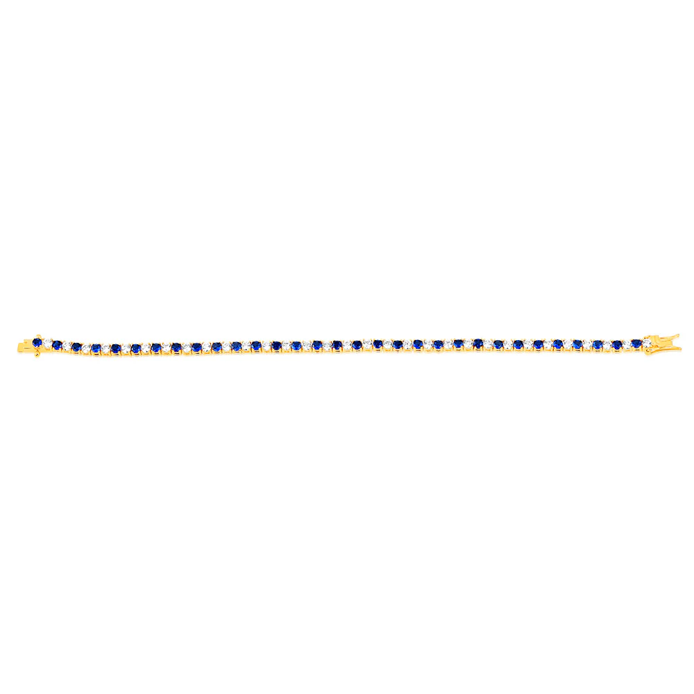 Sterling Silver Gold Plated 3mm White And Sapphire Blue Cubic Zirconia 19cm Bracelet - Image 2