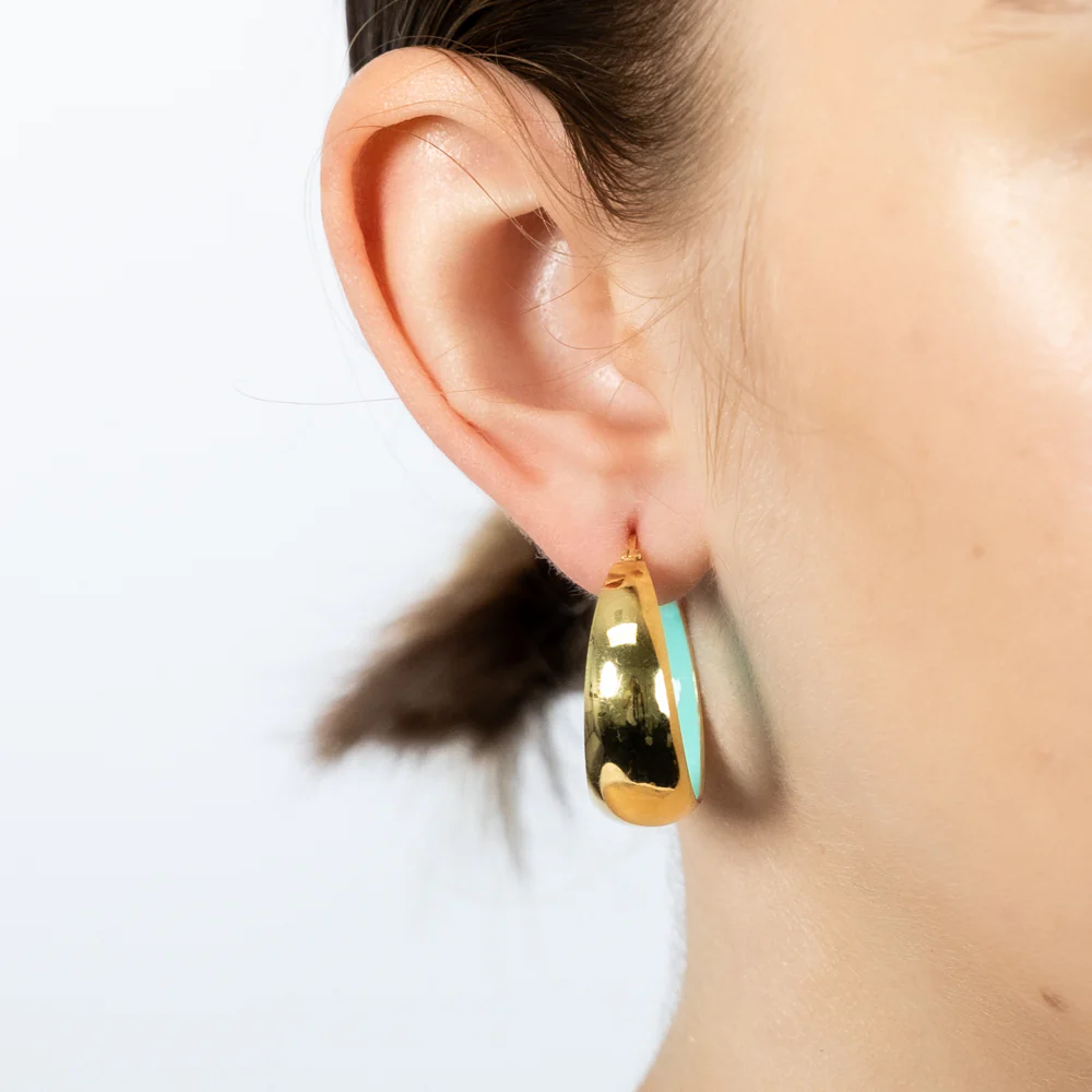 Sterling Silver Gold Plated Aqua Enamel Inside 22mm Hoop Earrings - Image 2