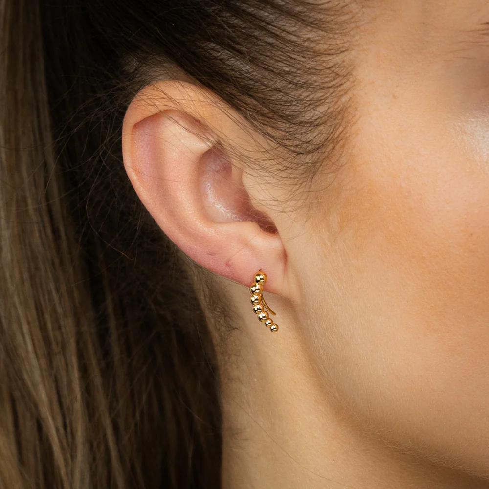 Sterling Silver Gold Plated Beaded Curved Bar Hook Earrings - Image 2