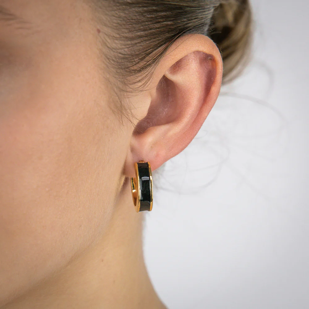 Sterling Silver Gold Plated Black Enamel 15mm Hoop Earrings - Image 2