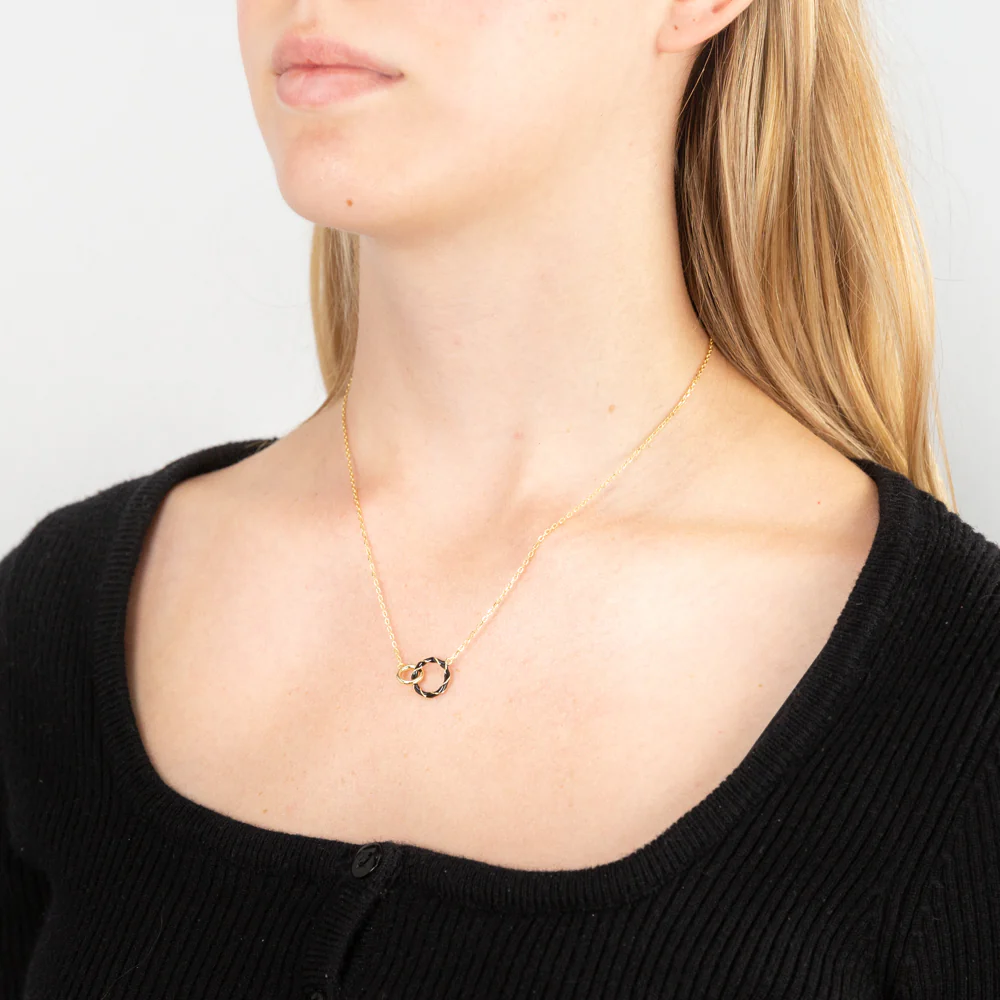 Sterling Silver Gold Plated Black Enamel 2 Ring Pendant On 45.5cm Chain - Image 2