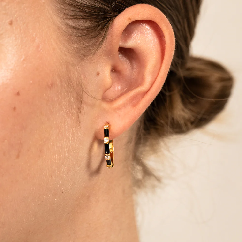 Sterling Silver Gold Plated Black Enamel And Zirconia 20mm Hoop Earrings - Image 3