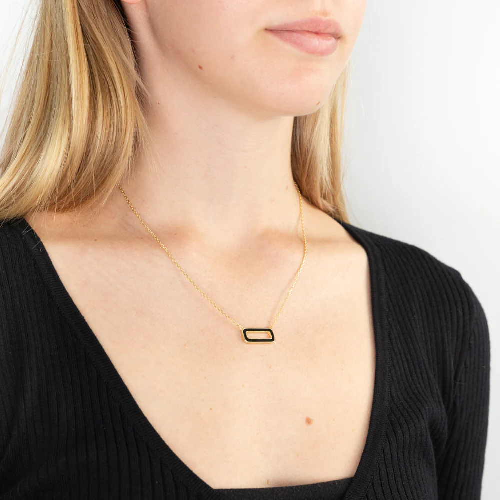Sterling Silver Gold Plated Black Enamel Rectangle Pendant On 45.5cm Chain - Image 2