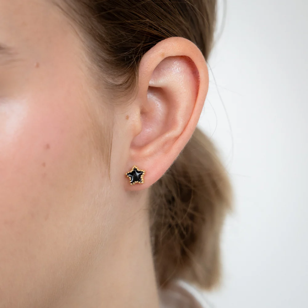 Sterling Silver Gold Plated Black Enamel Star Stud Earrings - Image 2