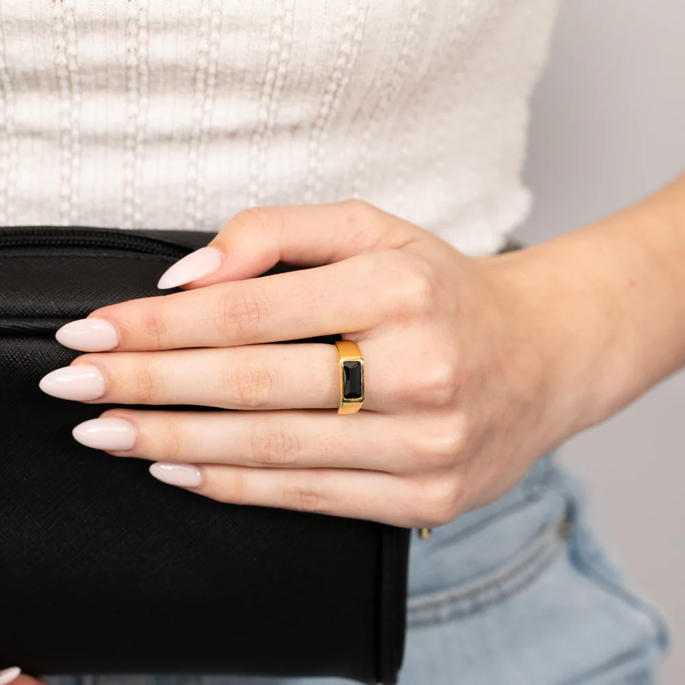 Sterling Silver Gold Plated Black Rectangle Zirconia Ring - Image 3