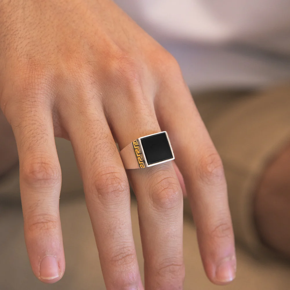 Sterling Silver Gold Plated Black Square Greek Pattern Gents Ring - Image 3