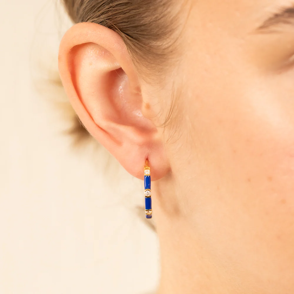 Sterling Silver Gold Plated Blue Enamel And White Zirconia Hoop Earrings - Image 2