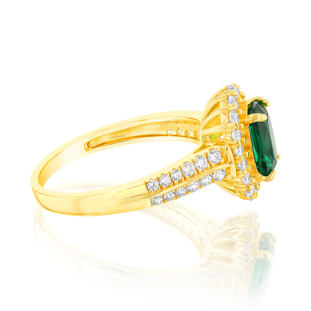 Sterling Silver Gold Plated Created Emerald And White Zirconia Fancy Ring - Image 2