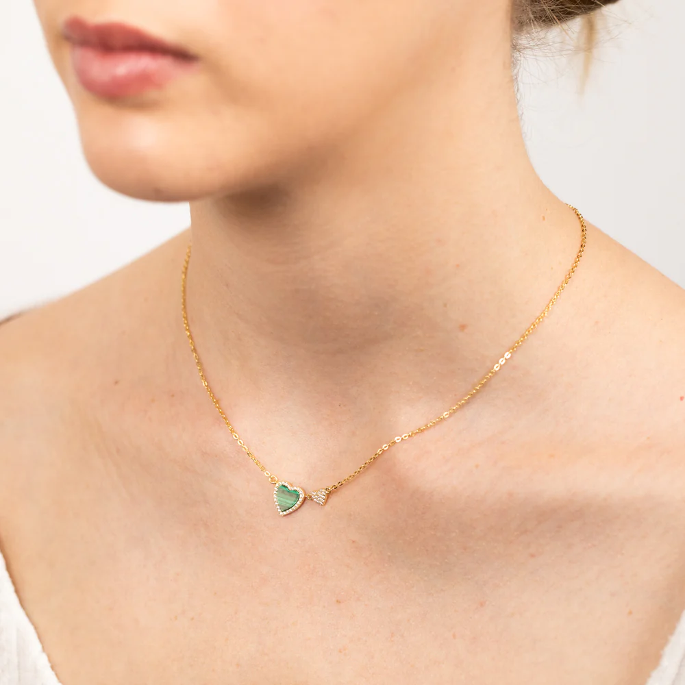 Sterling Silver Gold Plated Created Malachite Heart Pendant On Chain - Image 2