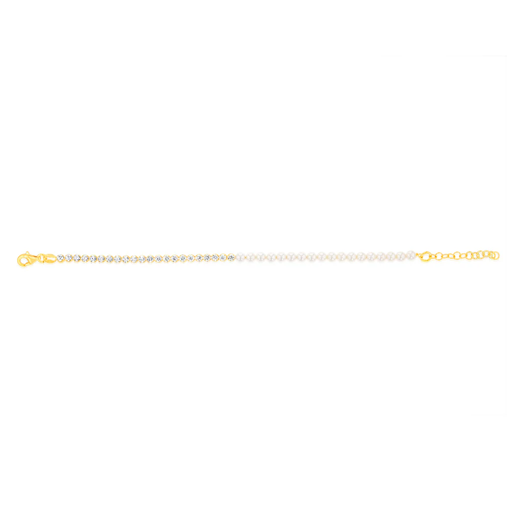 Sterling Silver Gold Plated Cubic Zirconia And Synthetic Pearls 16+3cm Bracelets - Image 2