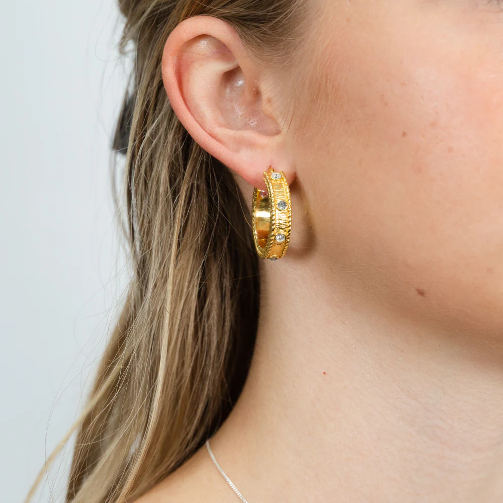 Sterling Silver Gold Plated Cubic Zirconia Antique Hoop Earrings - Image 2