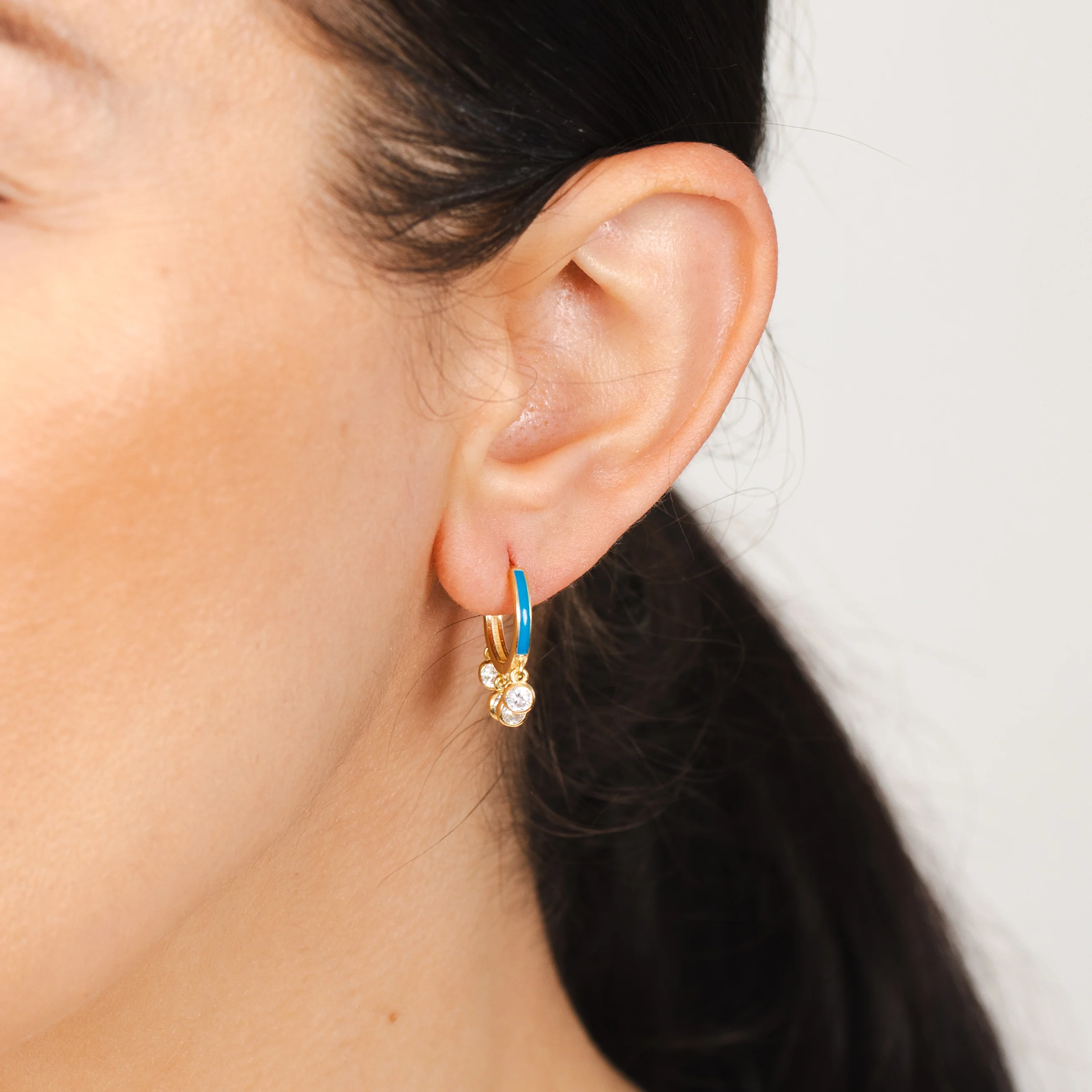 Sterling Silver Gold Plated Cubic Zirconia Blue Enamel Hoop Earrings - Image 2