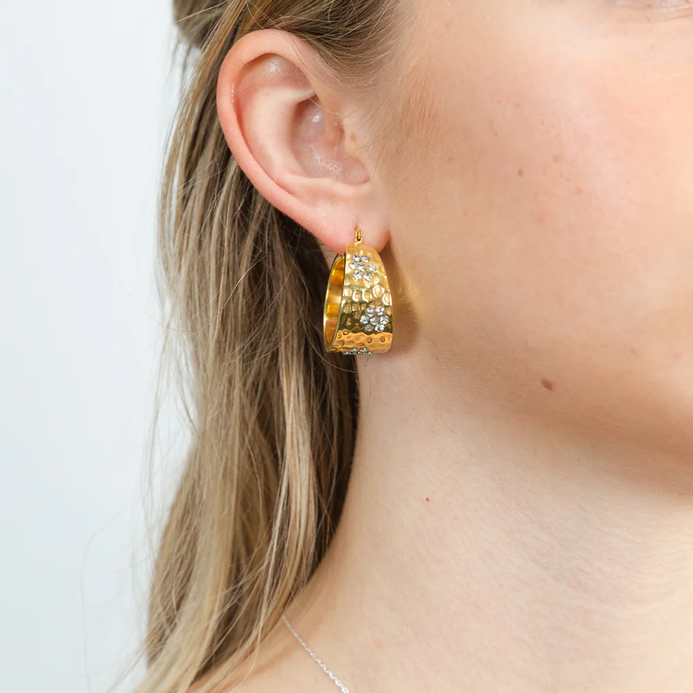 Sterling Silver Gold Plated Cubic Zirconia Broad Hoop Earrings - Image 2