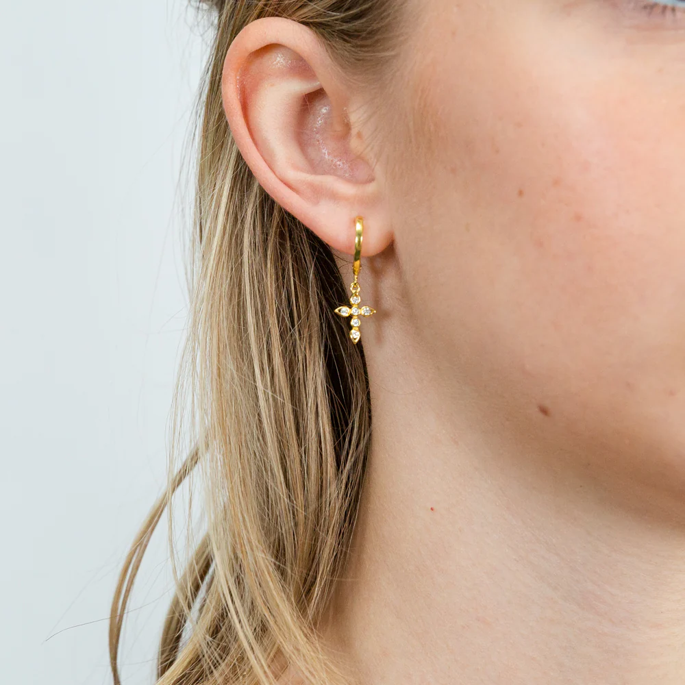 Sterling Silver Gold Plated Cubic Zirconia Cross On Hoops Earrings - Image 2