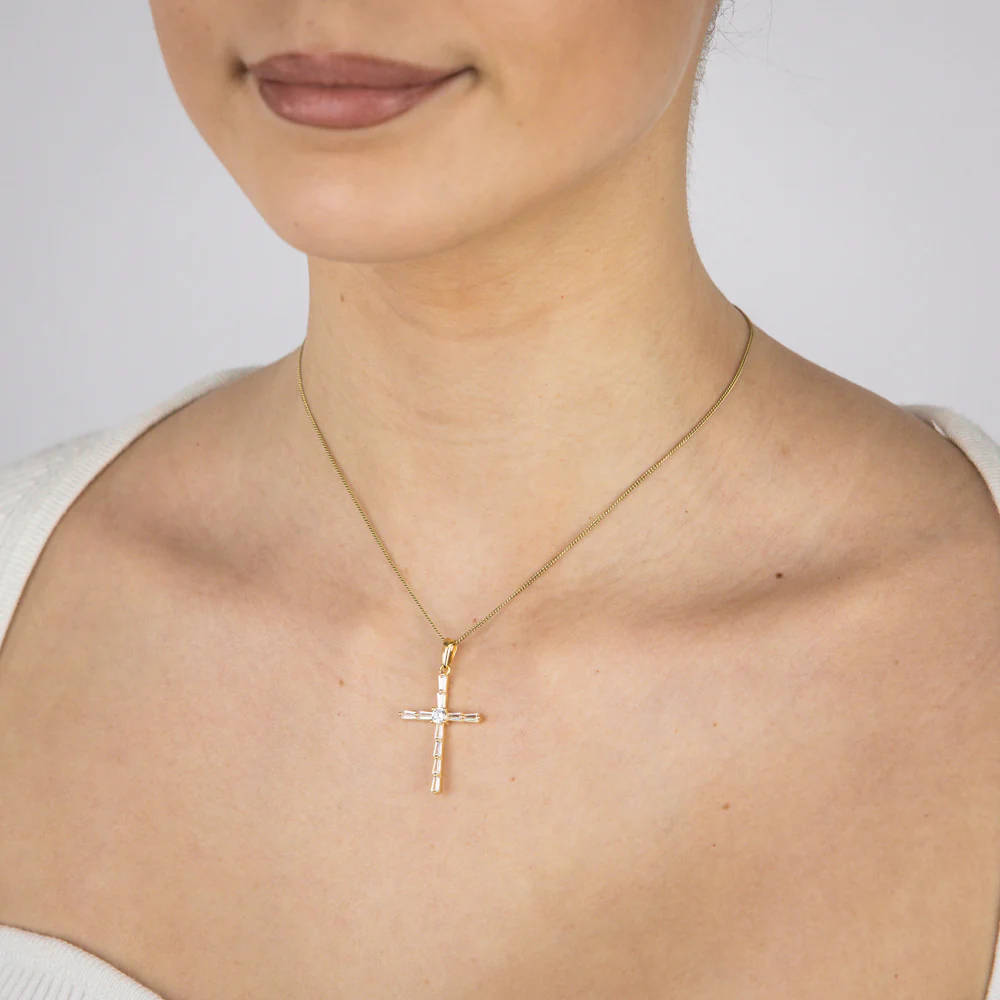 Sterling Silver Gold Plated Cubic Zirconia Cross Pendant - Image 2