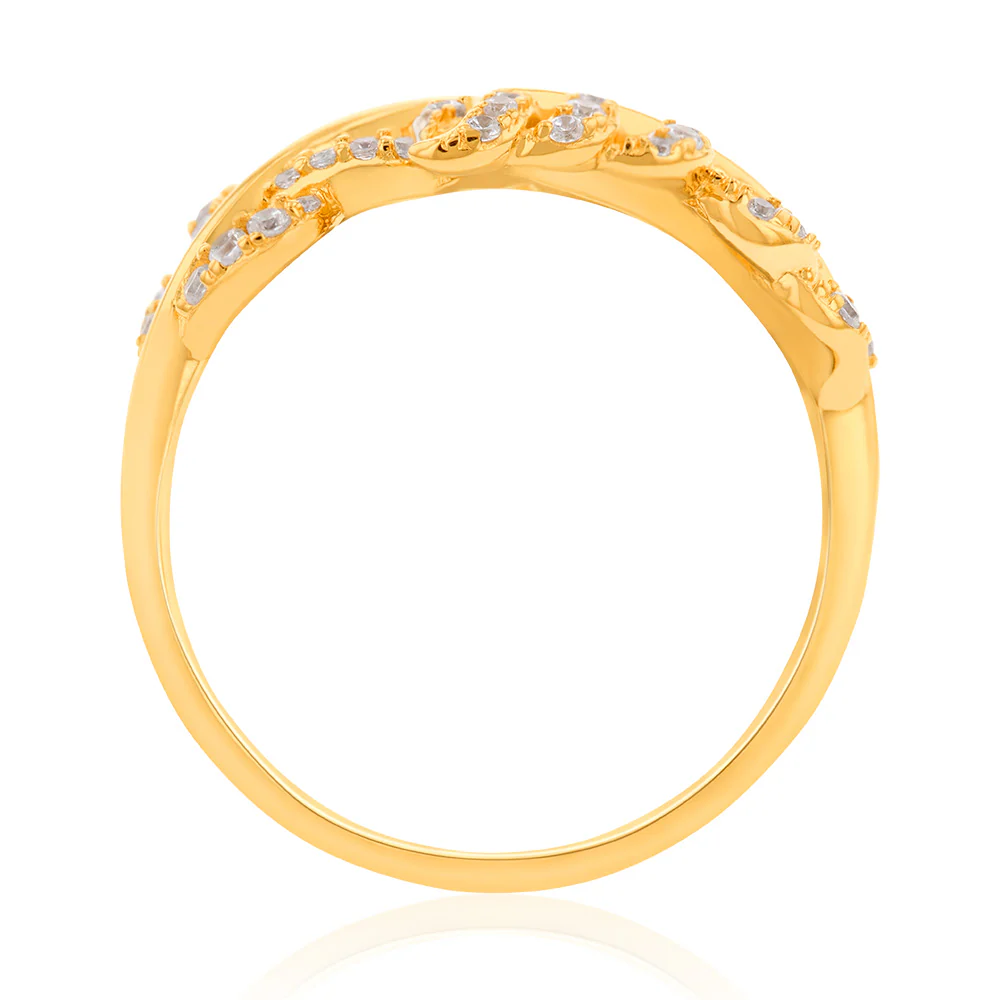 Sterling Silver Gold Plated Cubic Zirconia Feather Crossover Ring - Image 2