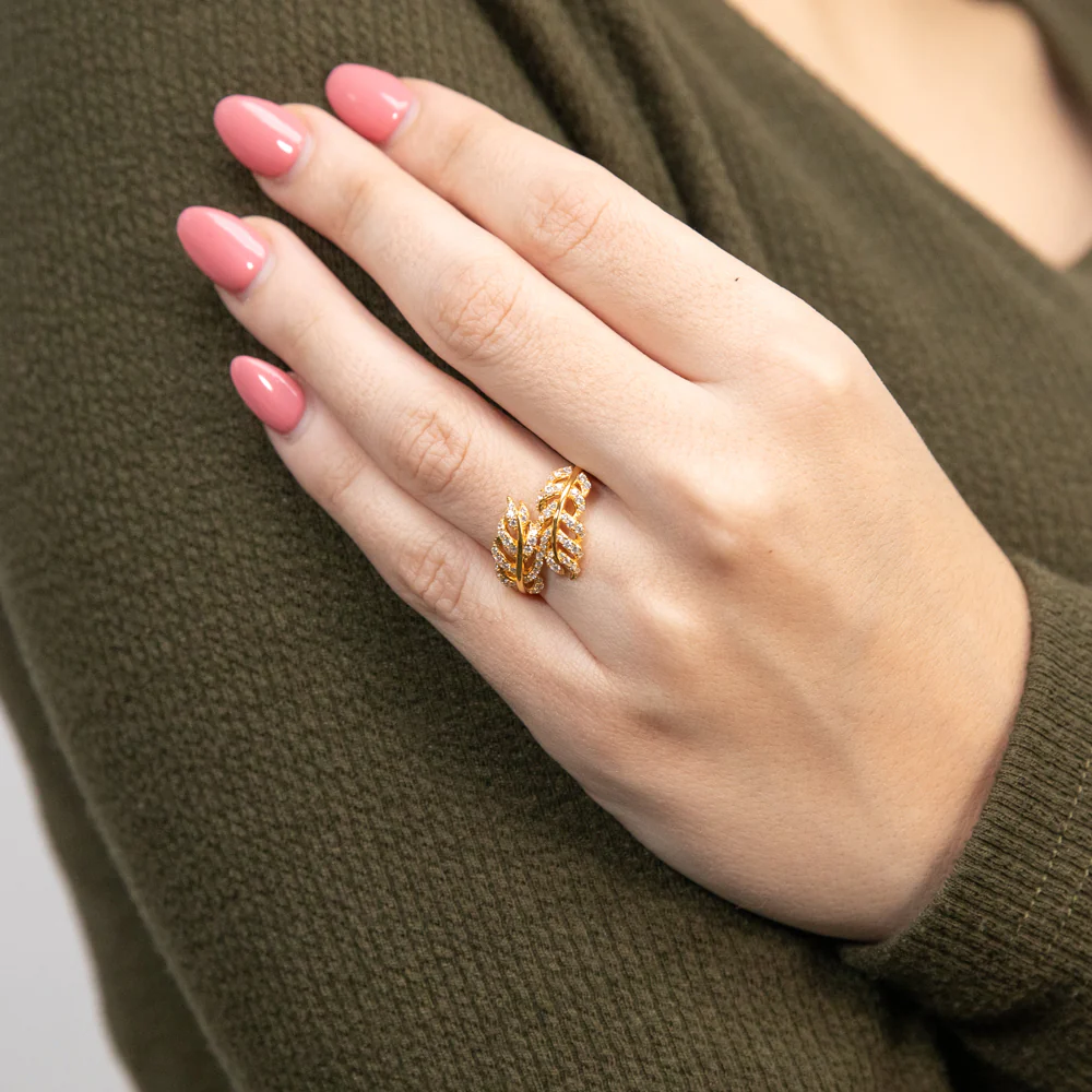 Sterling Silver Gold Plated Cubic Zirconia Feather Crossover Ring - Image 3