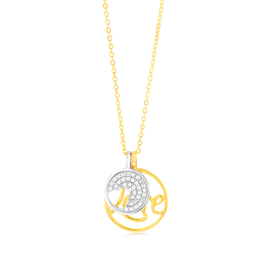 Sterling Silver Gold Plated Cubic Zirconia Heart And "Love" Twin Circle Pendant On Chain - Image 2