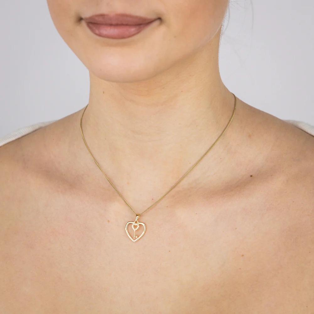 Sterling Silver Gold Plated Cubic Zirconia Key And Heart Pendant - Image 2