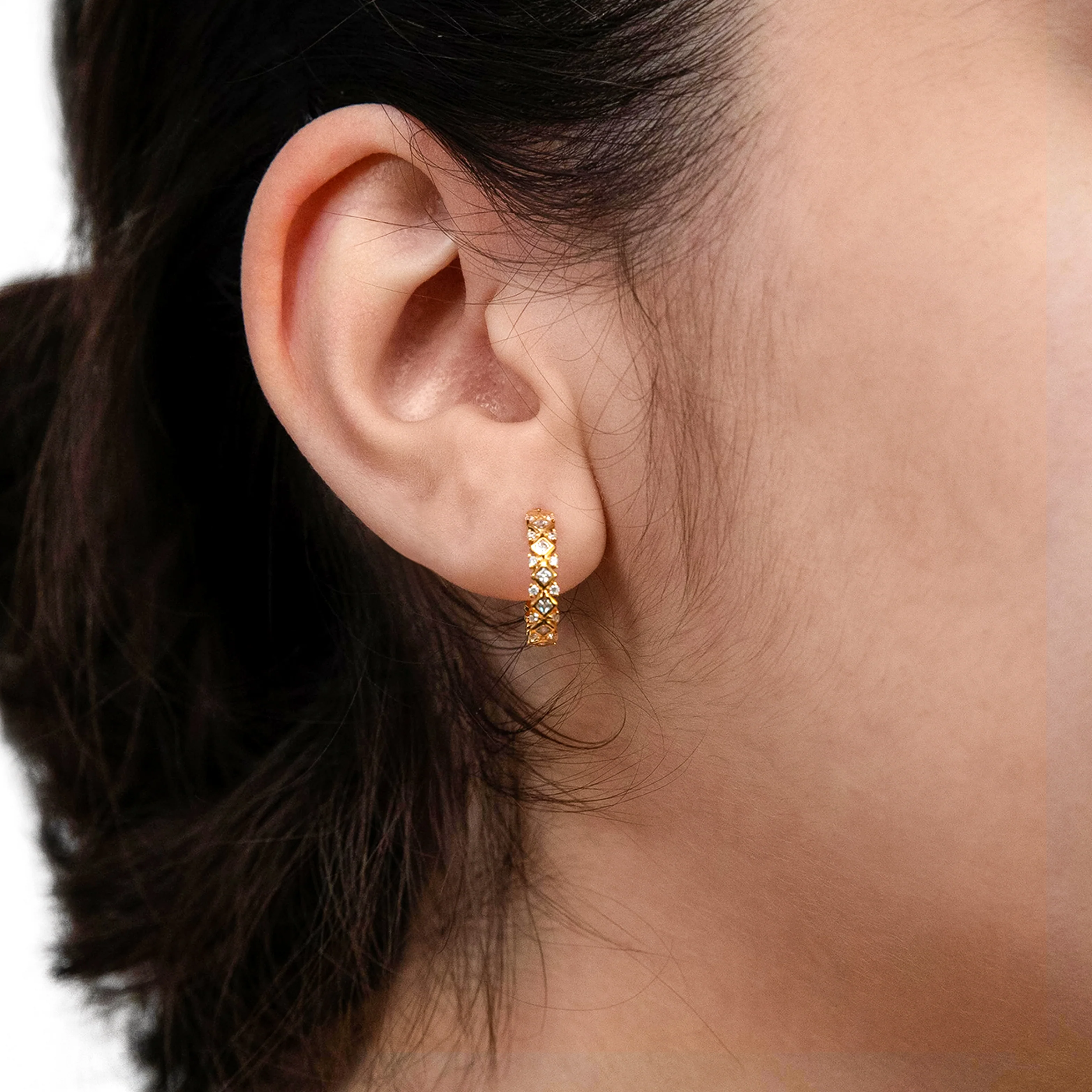 Sterling Silver Gold Plated Cubic Zirconia On Fancy Half hoop Earring - Image 2