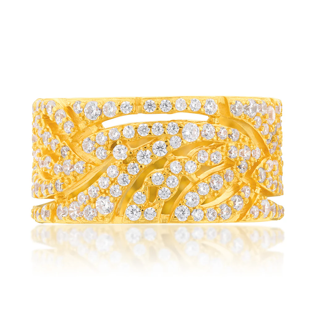 Sterling Silver Gold Plated Cubic Zirconia On Feather Broad Ring - Image 3