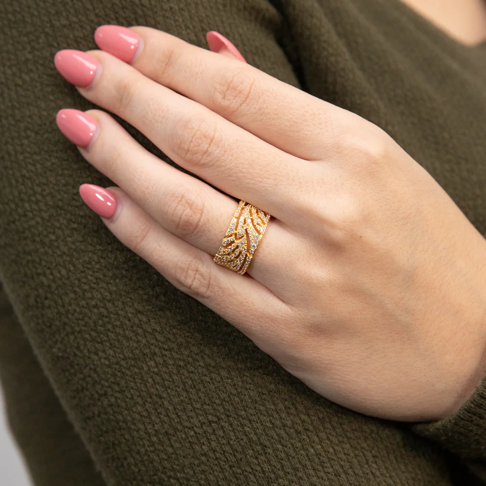 Sterling Silver Gold Plated Cubic Zirconia On Feather Broad Ring - Image 4