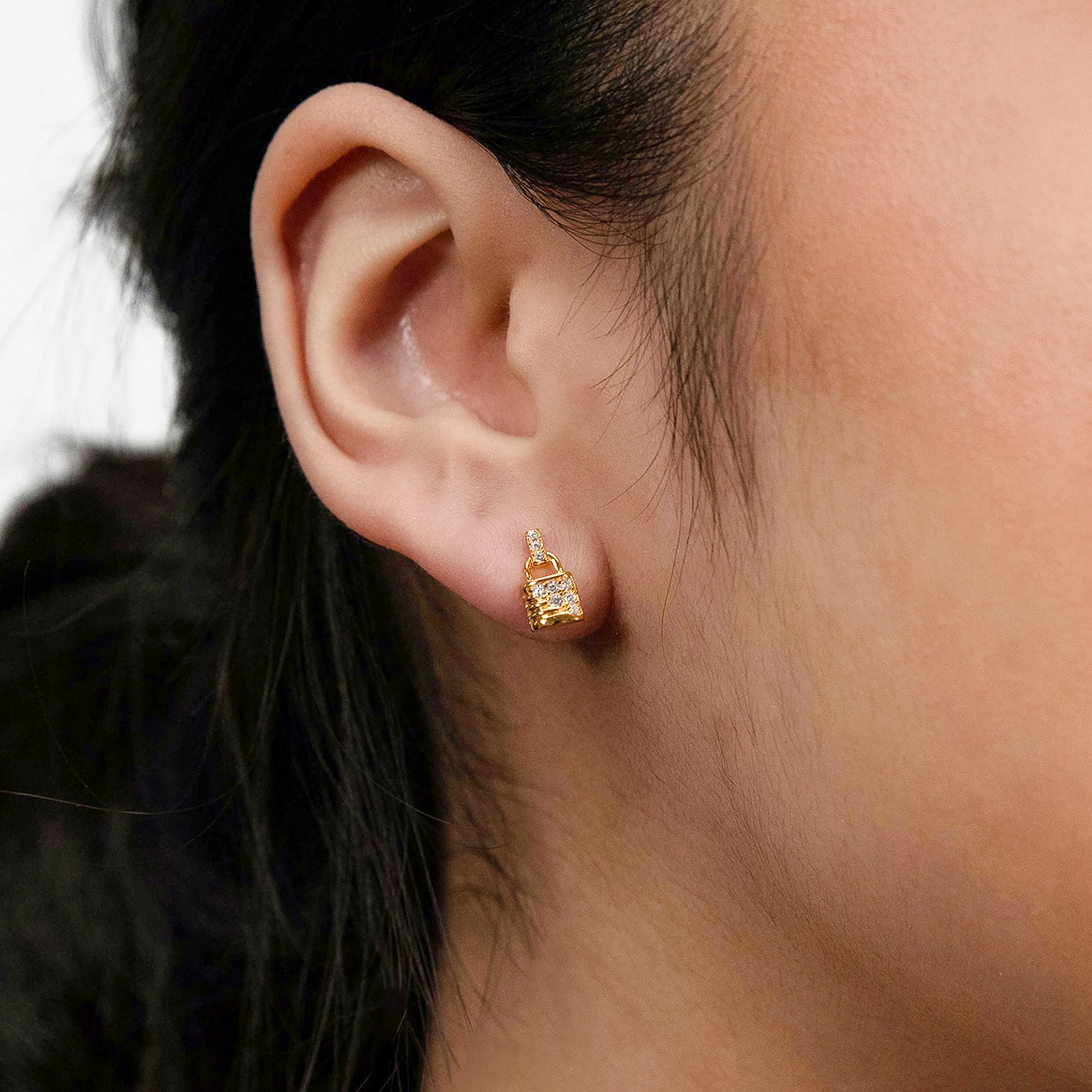 Sterling Silver Gold Plated Cubic Zirconia On Lock Stud Earrings - Image 2
