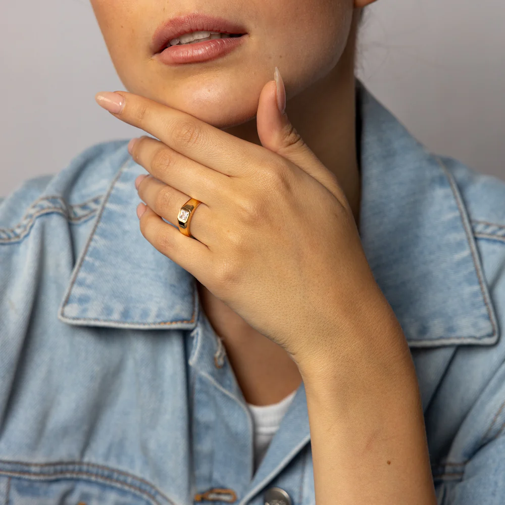 Sterling Silver Gold Plated Cubic Zirconia Signet Ring - Image 3