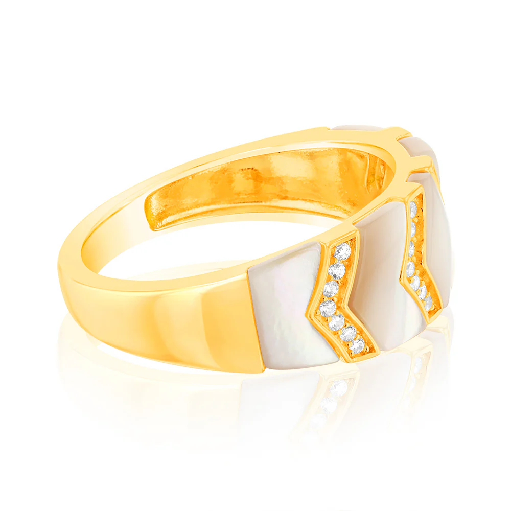 Sterling Silver Gold Plated Cubic Zirconia White Shell Pearl Fancy Ring - Image 2
