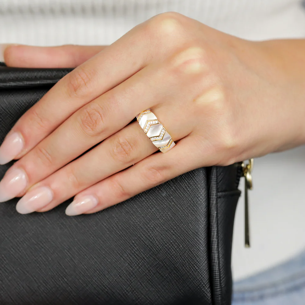 Sterling Silver Gold Plated Cubic Zirconia White Shell Pearl Fancy Ring - Image 3