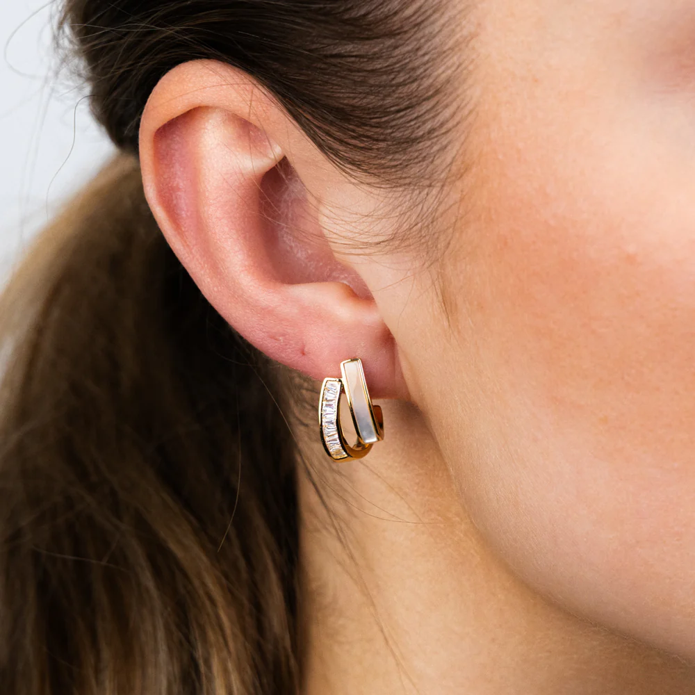 Sterling Silver Gold Plated Cubic Zirconia White Shell Pearl Half Hoop Earrings - Image 2