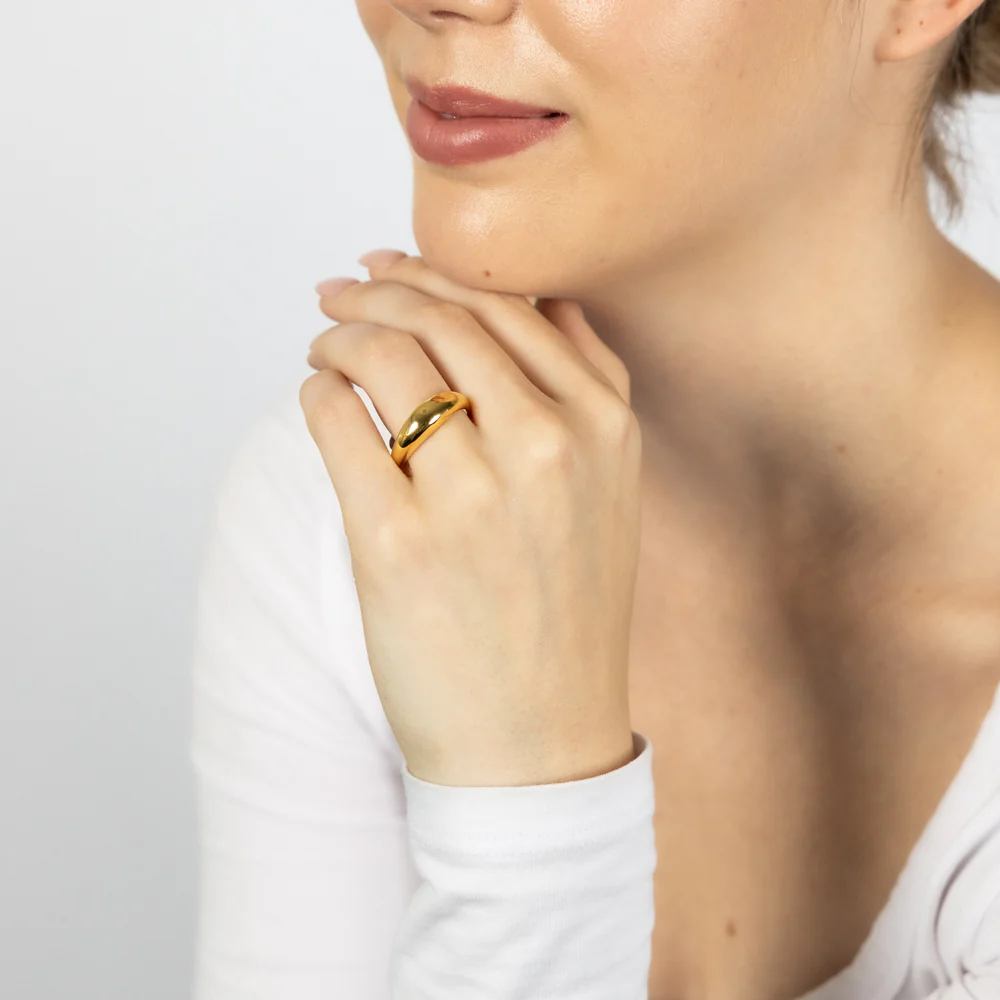 Sterling Silver Gold Plated Curved Dome Polished Ring - Image 3