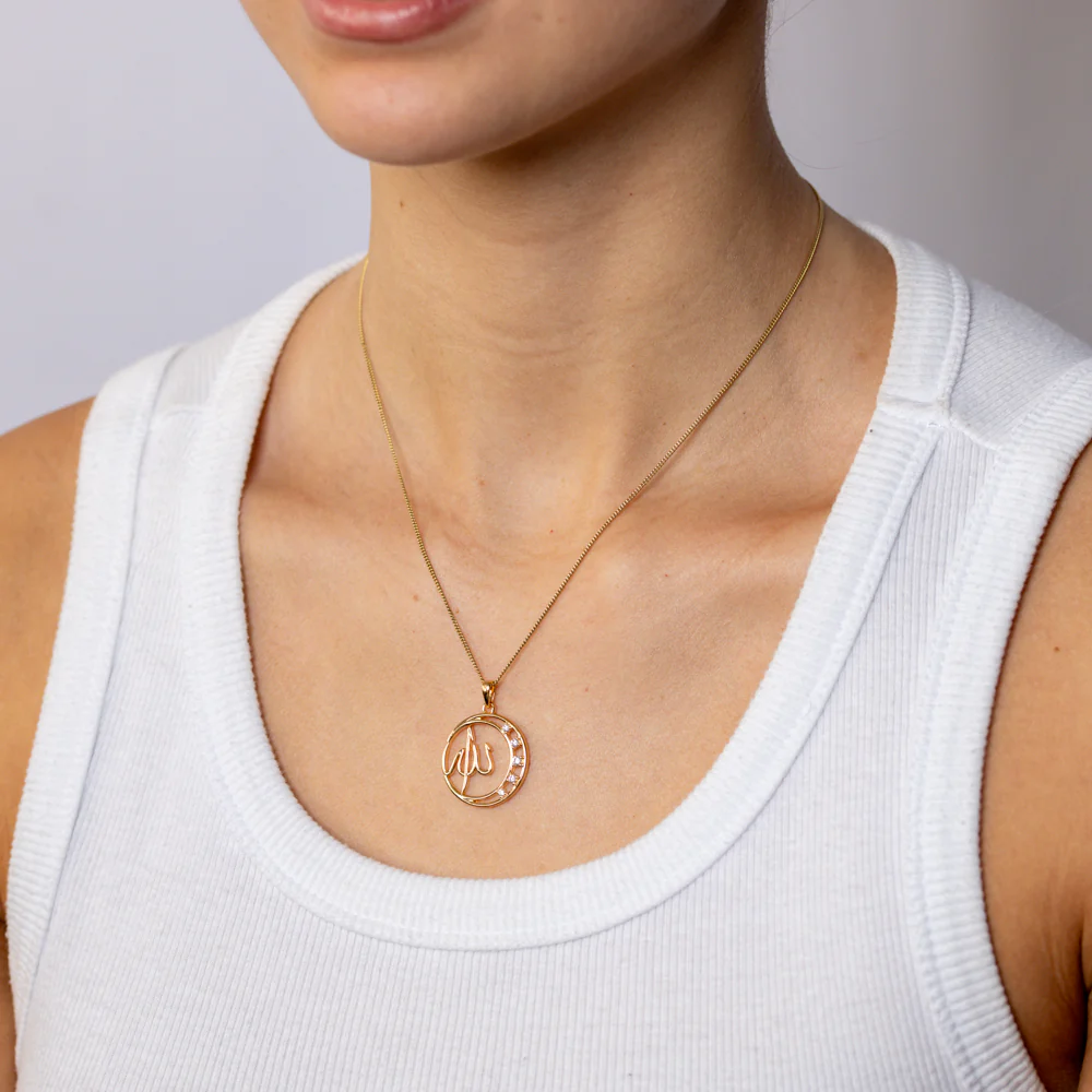 Sterling Silver Gold Plated CZ Crescent Moon Allah Pendant - Image 2