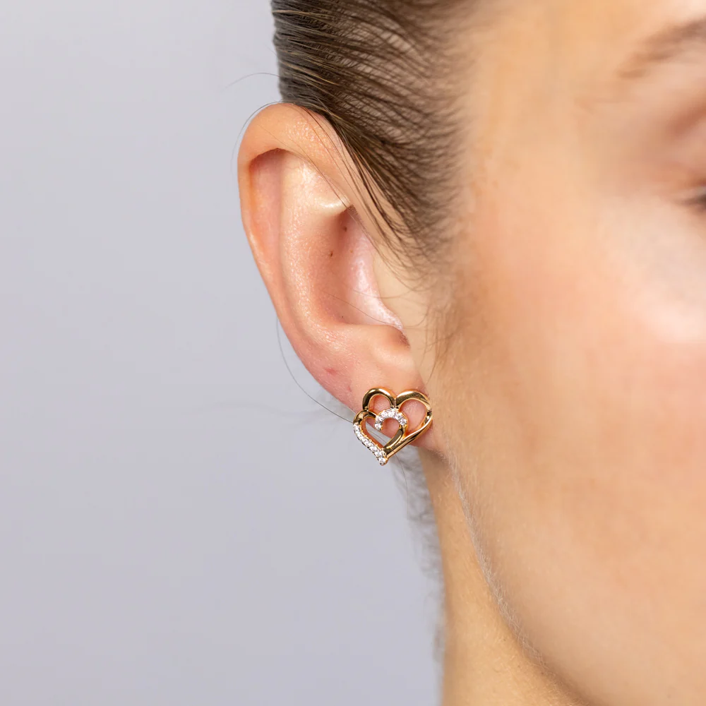 Sterling Silver Gold Plated CZ Double Heart Stud Earrings - Image 2