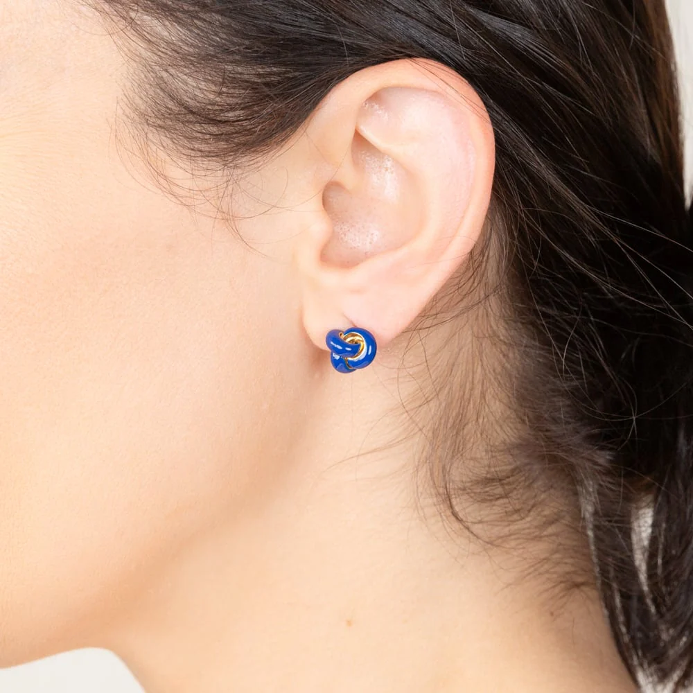 Sterling Silver Gold Plated Dark Blue Emamel Knot Stud Earrings - Image 2