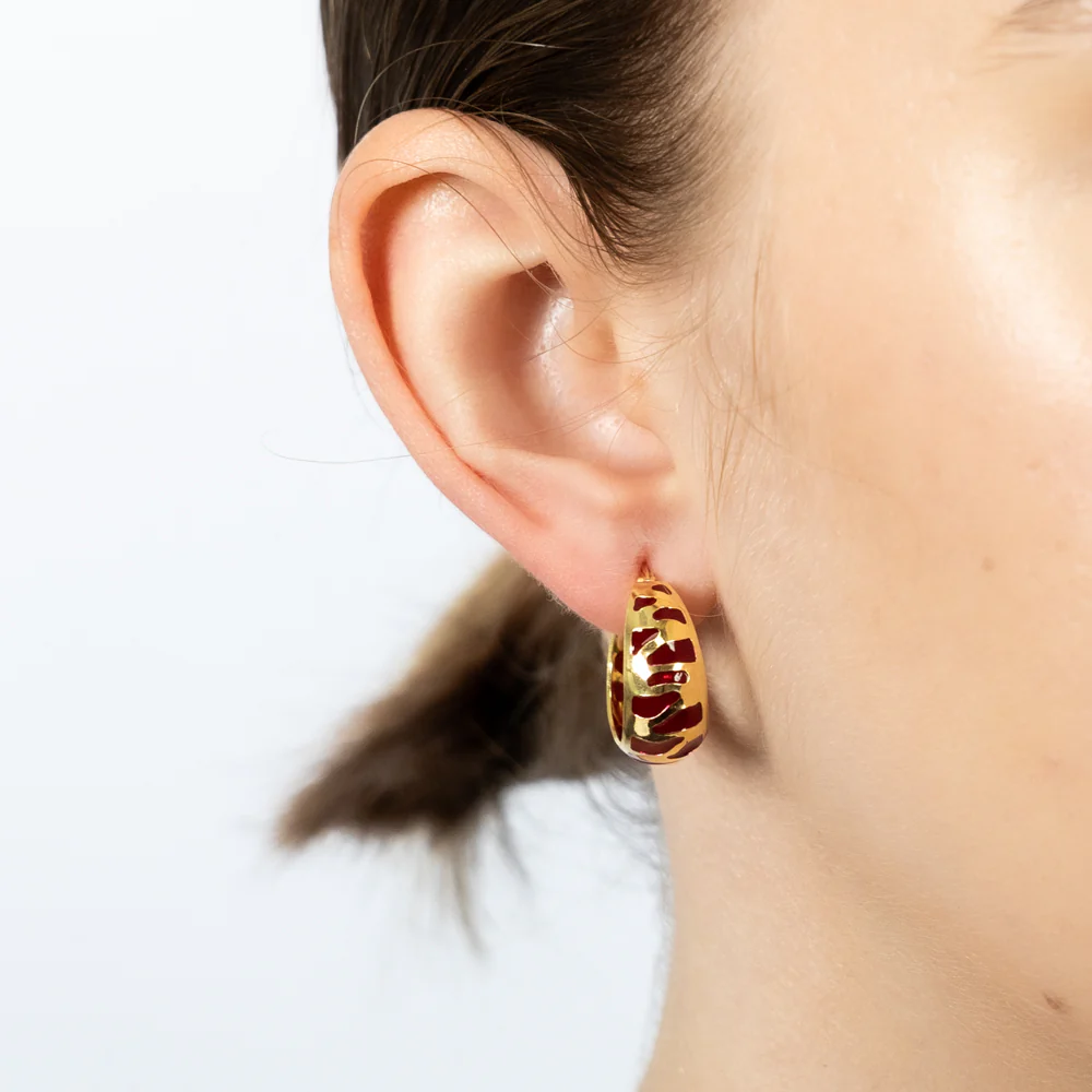 Sterling Silver Gold Plated Deep Red Enamel Tiger Pattern Wide 14mm Hoop Earrings - Image 2
