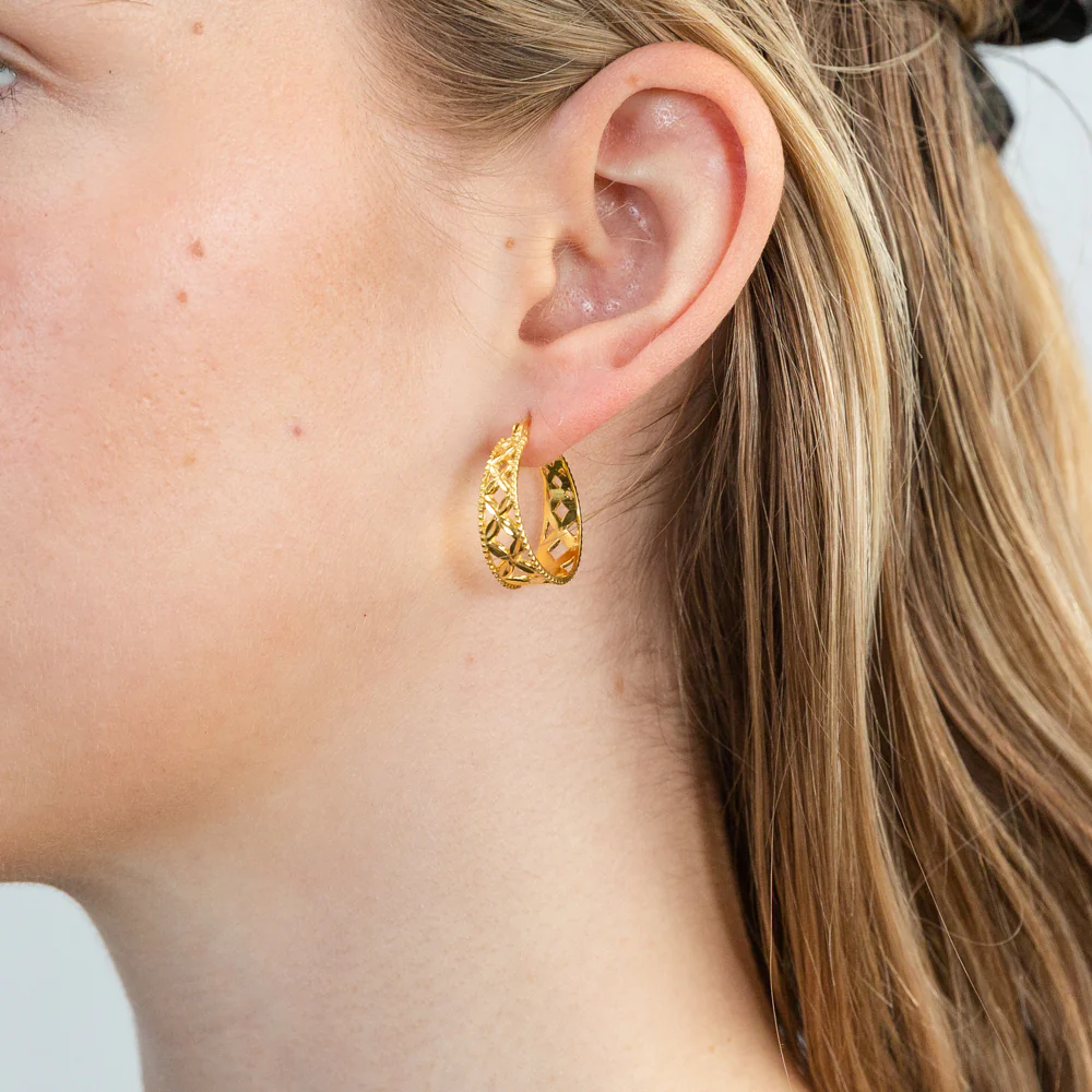 Sterling Silver Gold Plated Diamond Cut Mesh Hoop Earrings - Image 2
