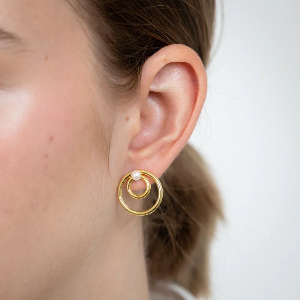 Sterling Silver Gold Plated Double Circle With Synthetic Pearl Stud Earrings - Image 2