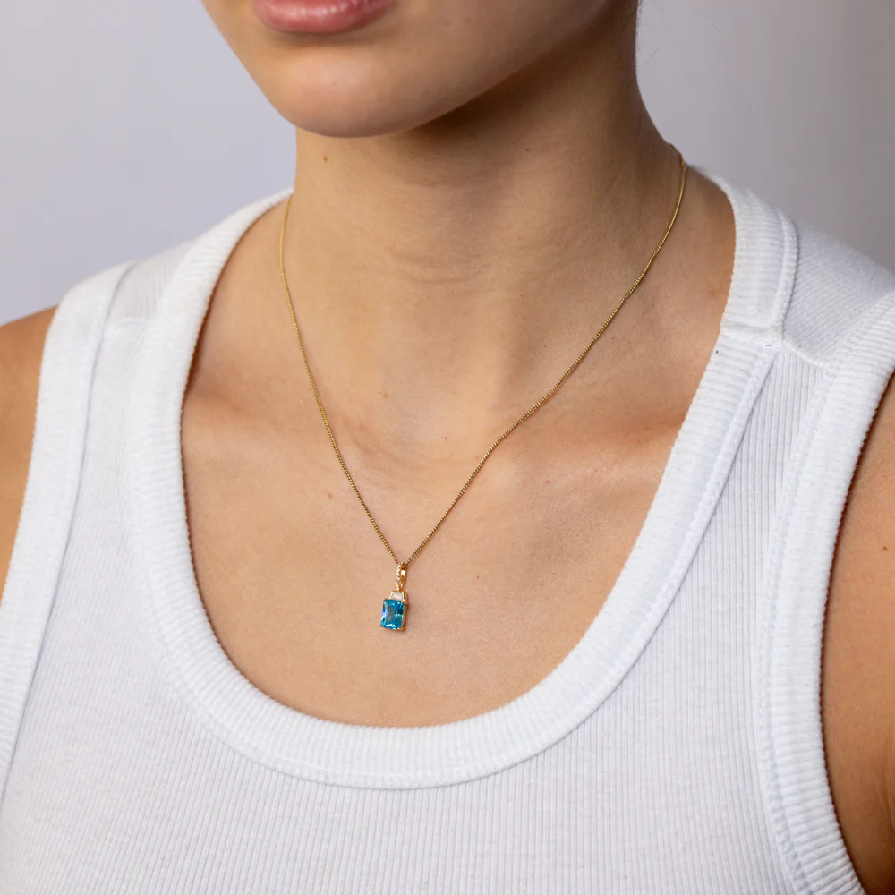 Sterling Silver Gold Plated Elongated Blue CZ Pendant - Image 2