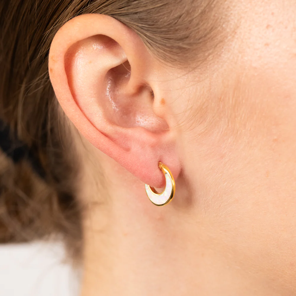 Sterling Silver Gold Plated Fancy Created Opal Hoop Earrings - Image 2