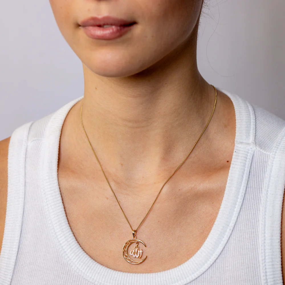 Sterling Silver Gold Plated Filigree Crescent Moon with CZ Allah Pendant - Image 2