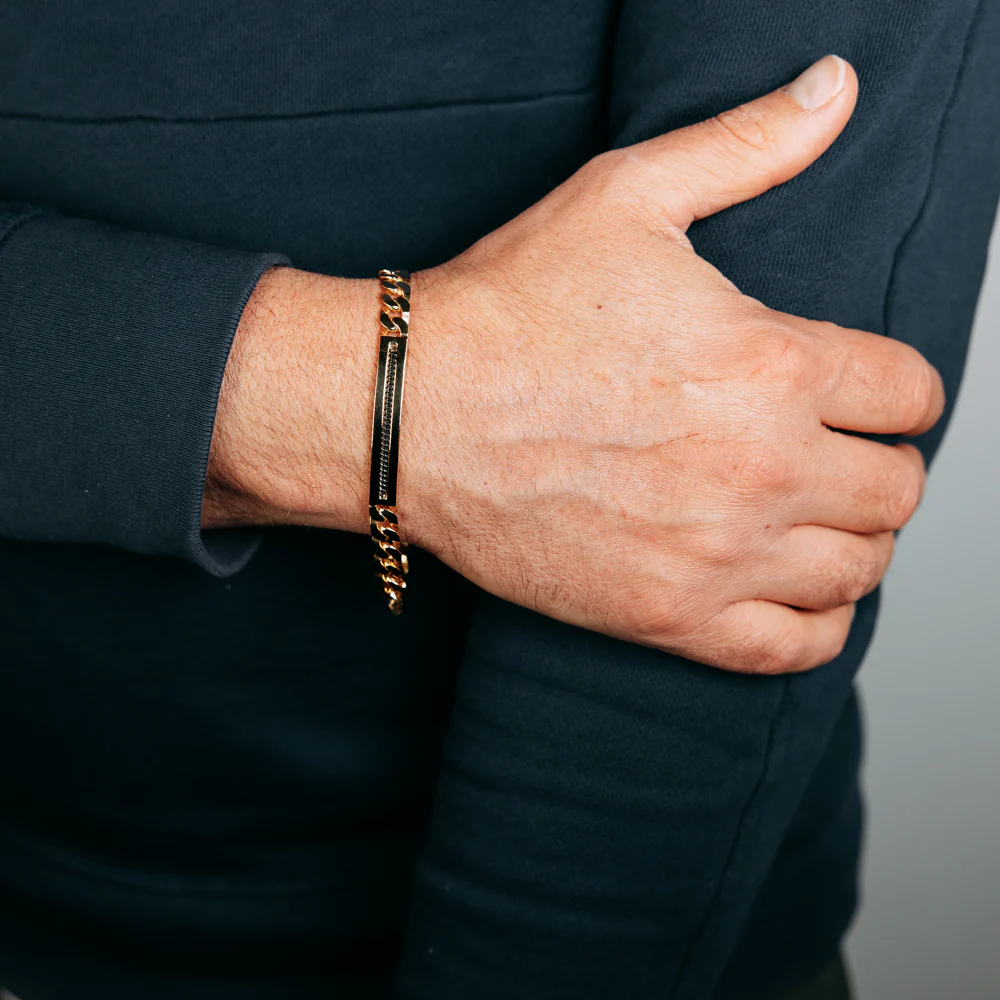 Sterling Silver Gold Plated Flat Curb Black Patterned ID Plate 20cm Bracelet - Image 3