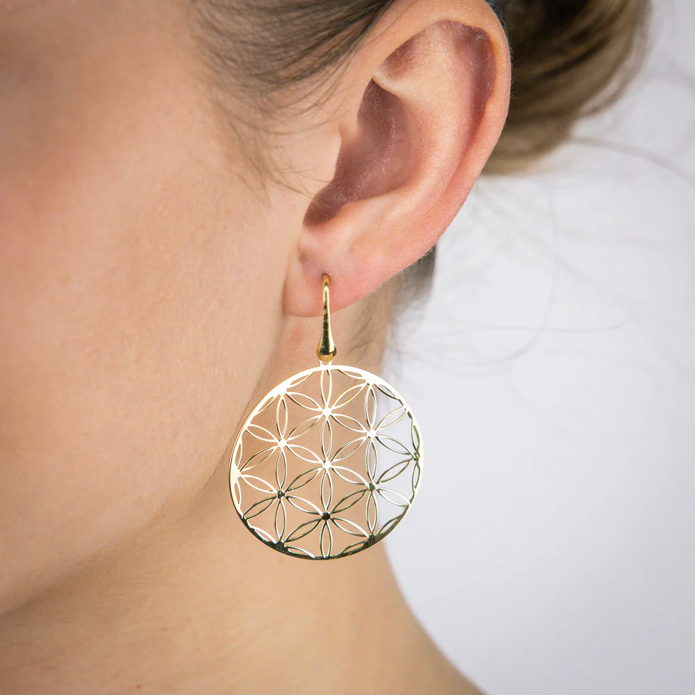 Sterling Silver Gold Plated Flower Of Life Hook Earrings - Image 2