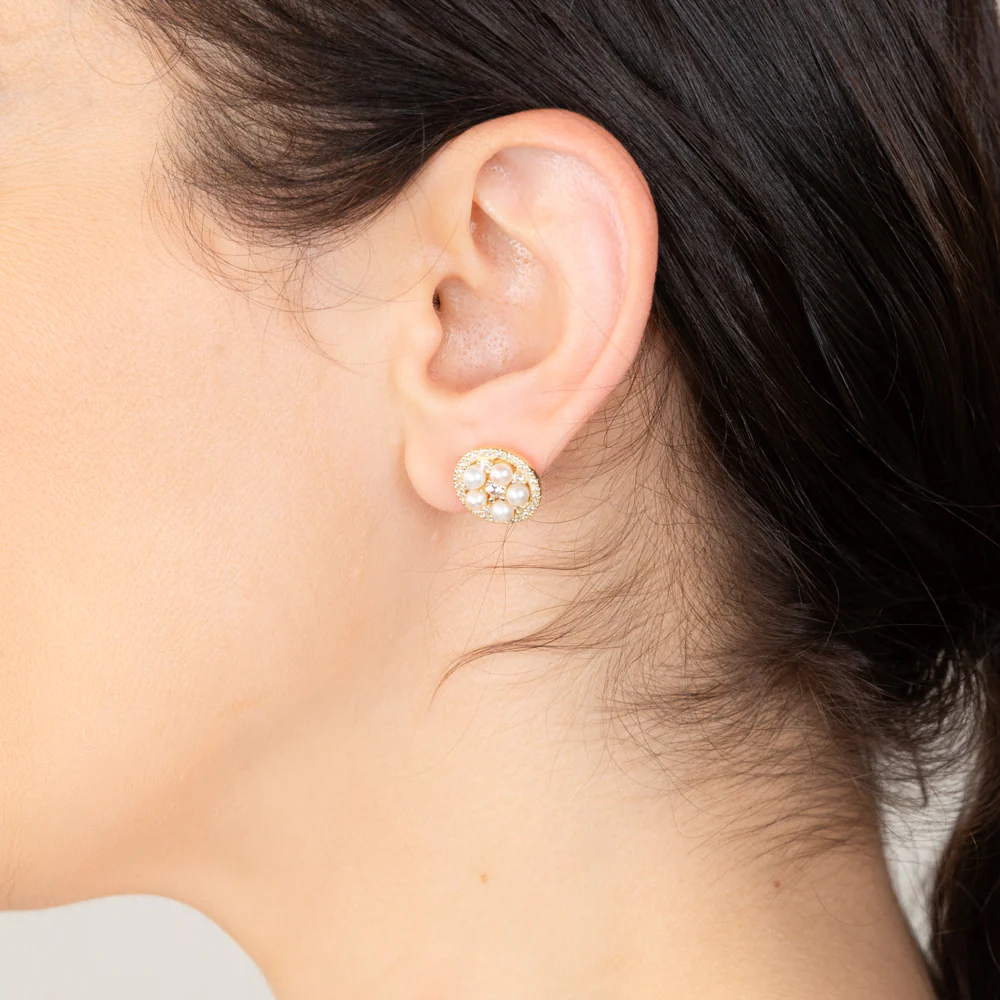 Sterling Silver Gold Plated Fresh Water Pearls And Cubic Zirconia Round Stud Earrings - Image 2
