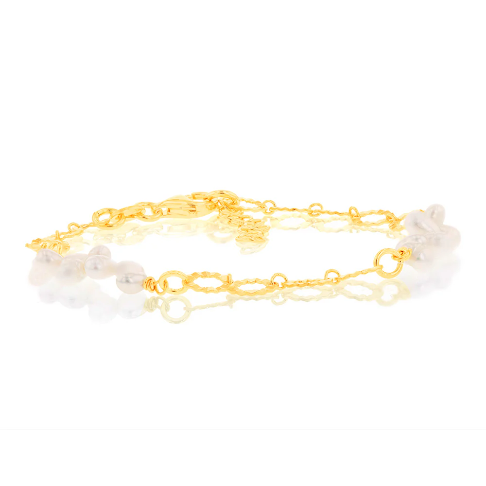 Sterling Silver Gold Plated Fresh Water Pearls And Fancy Links 16+3cm Bracelet - Image 3