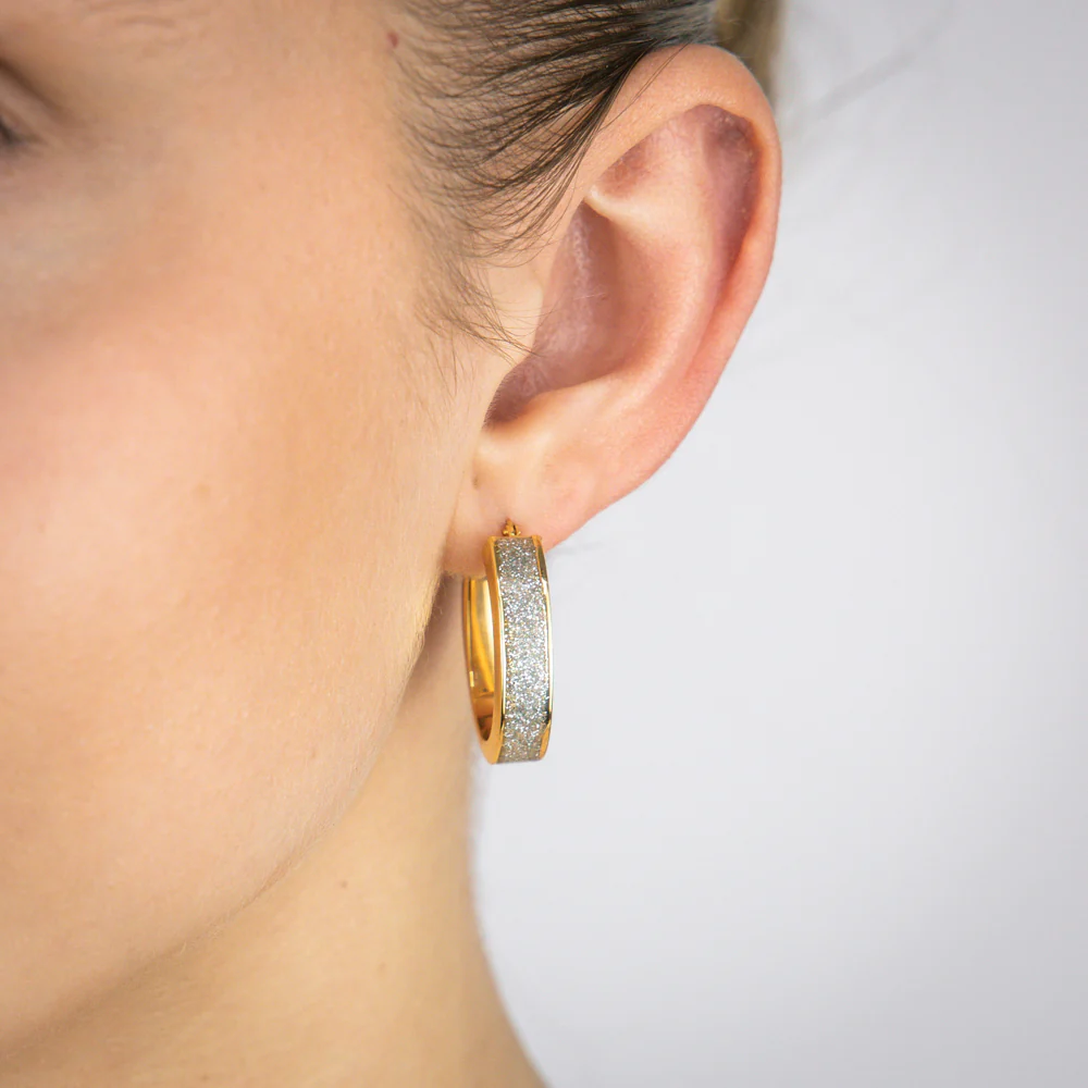 Sterling Silver Gold Plated Glitter Silver Enamel Oval Hoop Earrings - Image 2